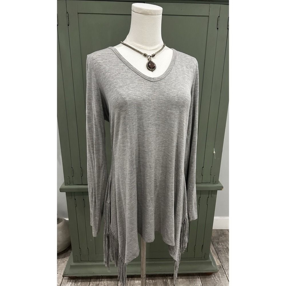 Women's Fringe Asymmetrical Tunic Top Long Sleeve Size S Boho Western Indie Art